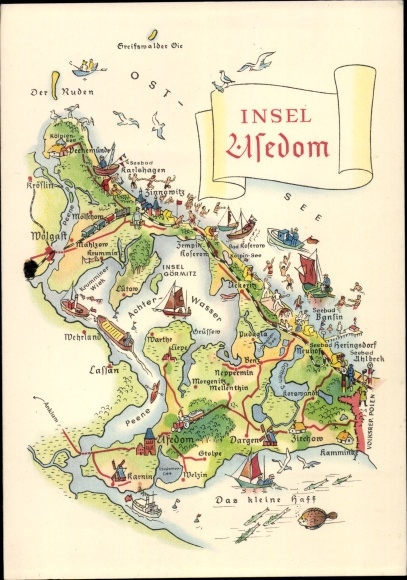 Maps Postcard Insel Usedom, Zinnowitz, Heringsdorf, Bansin, Wolgast, Lassan