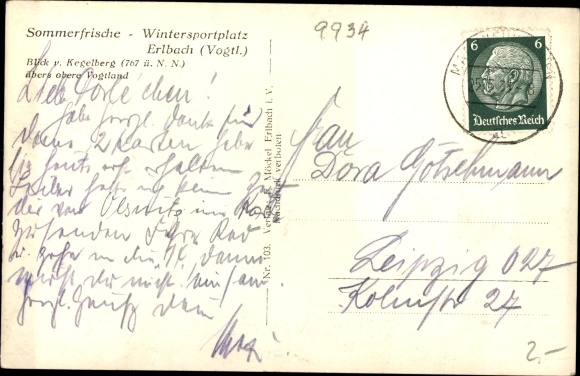 Postcard Erlbach in Vogtland Sachsen, view from Kegelberg on the town of Markneukirchen