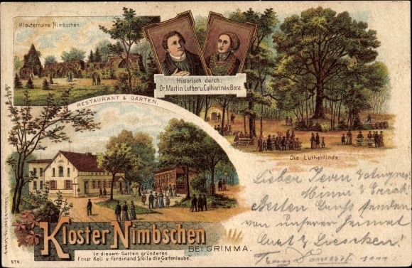 Litho Nimbschen Böhlen Grimma in Saksen, Nimbschen klooster, Martin Luther, Katharina v. Bora