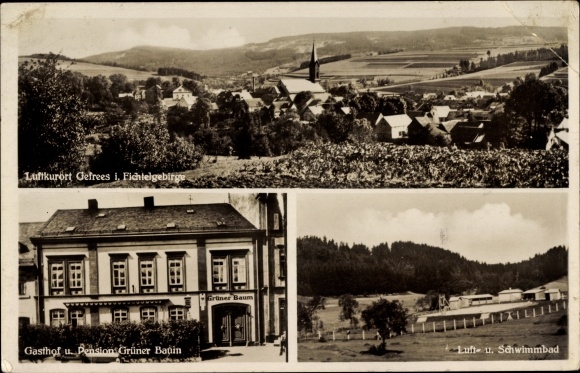 Postcard Gefrees in the Fichtelgebirge of Upper Franconia, total view, inn and guesthouse Grüner Baum, swimming pool