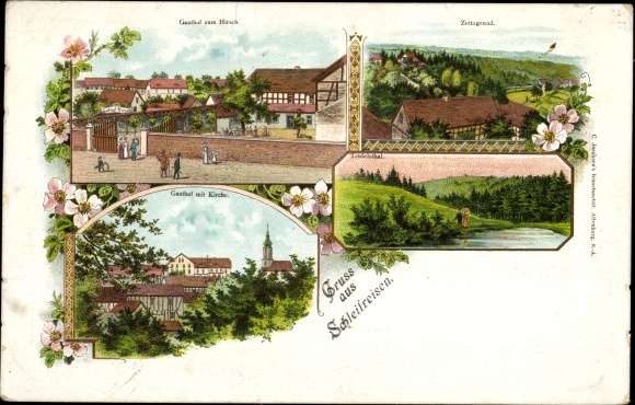 Chromo-Litho grinding trips in Thuringia, Zeitzgrund, Gasthof zum Hirsch, church