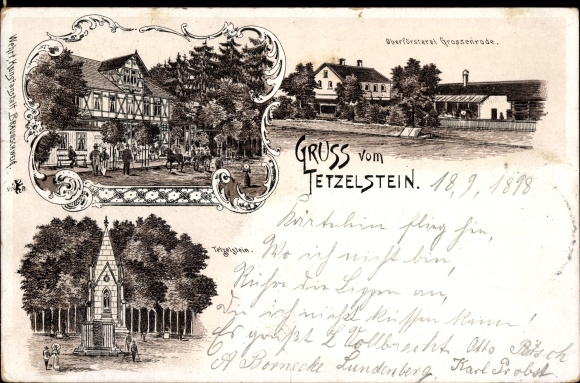 Chromo-Litho Tetzelstein Elm Schöppenstedt Lower Saxony, inn, forester&#39;s office, monument