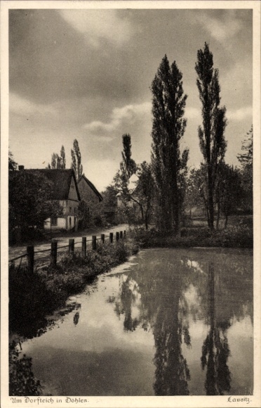 Postcard Döhlen Freital in Saxony, village pond, trees, house, water reflection
