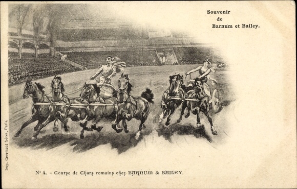 Postcard Circus Barnum & Bailey, Roman chariots