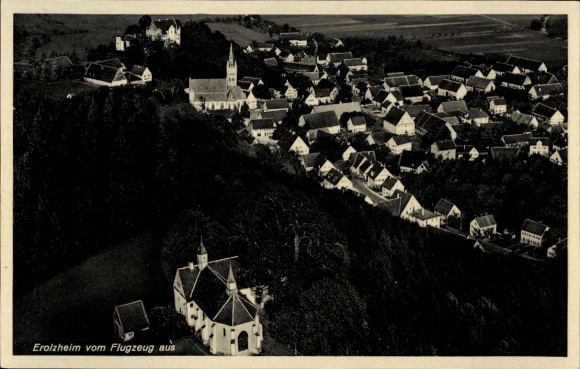 Postcard Erolzheim in Upper Swabia Württemberg, aerial view of houses, church, rural surroundings