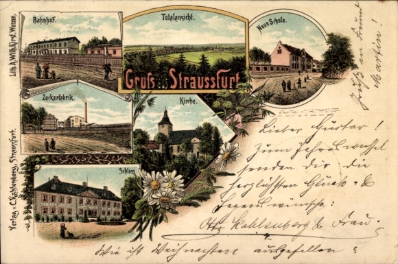 Chromo-Litho Straußfurt in Thuringia, train station, school, church, castle, sugar factory