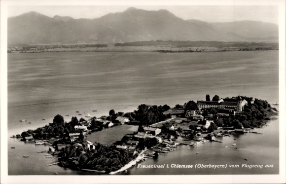 Postcard Frauenchiemsee Fraueninsel Chiemsee Upper Bavaria, aerial photograph