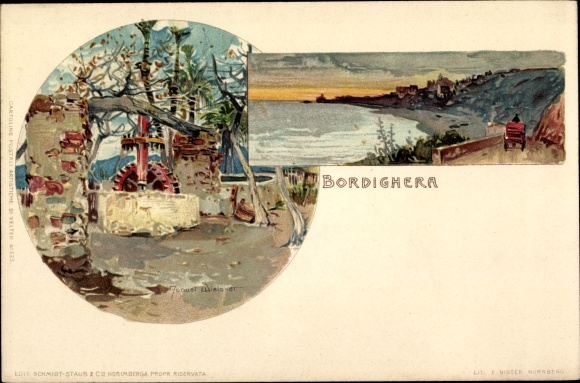 Kunstenaar Litho Wielandt, Manuel, Bordighera Liguria, kustweg, watermolen, molenrad