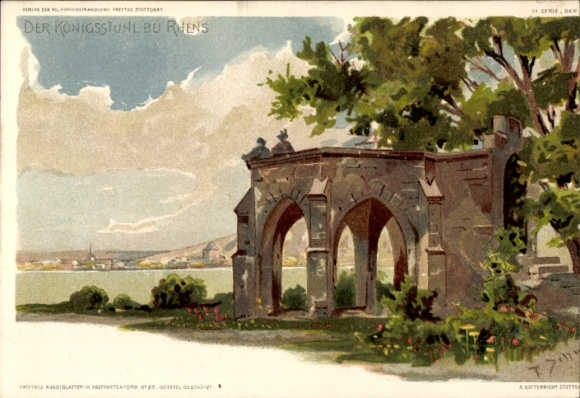 Artist Chromo-Litho Schmohl, P., Rhens am Rhein, view of the Königstuhl