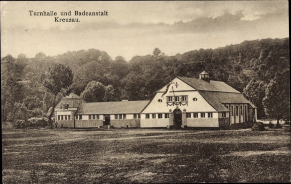 Ak Kreuzau in de Eifel, gymnasium en badinrichting