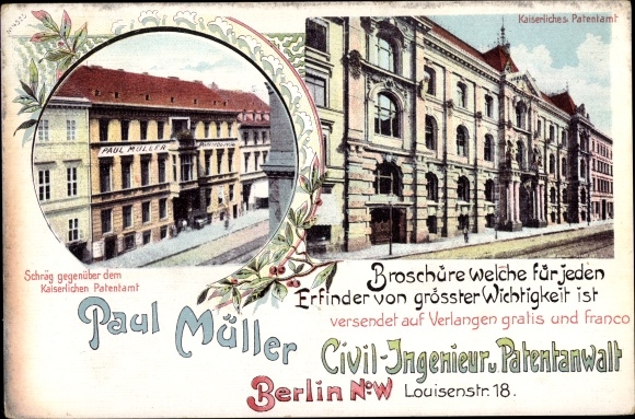 Chromo-Litho Berlin, Imperial Patent Office, civil engineer and patent attorney Paul Müller, Luisenstraße 18