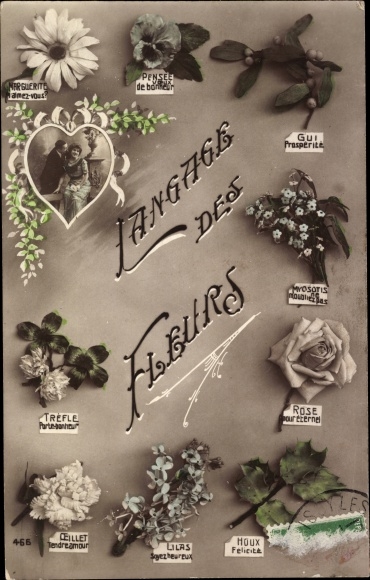 Postcard Language of Flowers, Blumensprache, Liebespaar, Mistletoe Prosperity, Lucky Clover