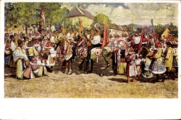Artist Postcard Cerny, D., Jízda králů v Hluku