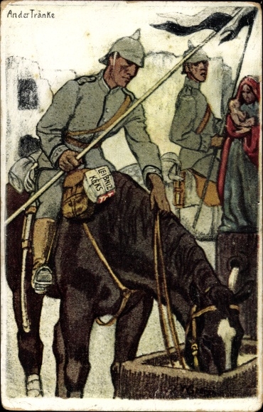 Artist PC Georgi, W., advertisement, Leibniz Cookie, German soldier with horse at the watering trough, I. WW