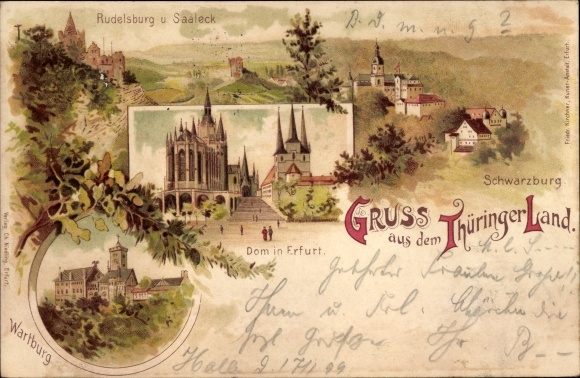 Chromo-Litho Bad Kösen Naumburg in Thuringia, Schwarzburg, Rudelsburg and Saaleck, Erfurt Cathedral, Wartburg