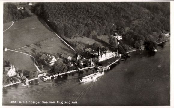 Postcard Starnberg on Lake Starnberg, Upper Bavaria, aerial photograph, ship, shoreline, houses