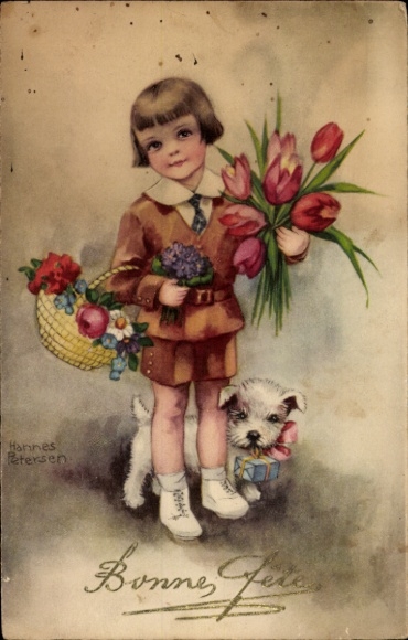 Kunstenaar Ak Petersen, Hannes, Gefeliciteerd, Kind met bloemen, Hond