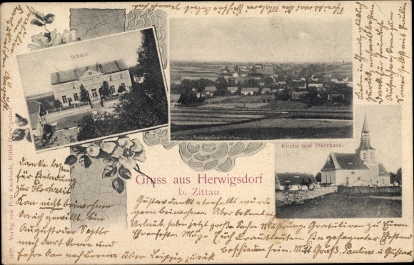 Ansichtkaart Herwigsdorf Rosenbach in Oberlausitz, kerk, pastorie, school, overzicht