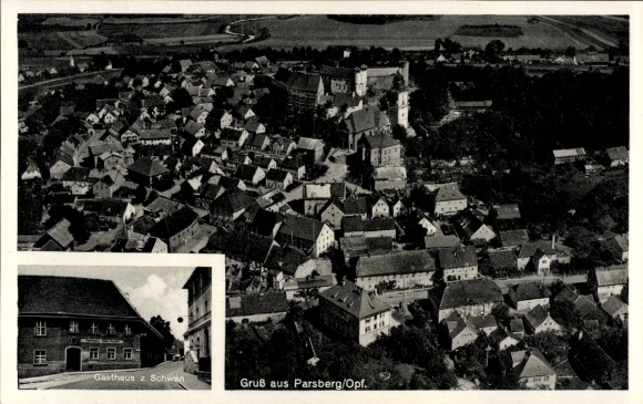 Postcard Parsberg in the Upper Palatinate, aerial photograph, Gasth. zum Schwan
