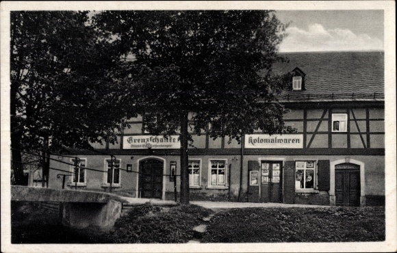 Ansichtkaart Niedermülsen Mülsen in Saksen, koloniale goederen, Grenzschänke Niedermülsen eigenaar B.Schwarzenberger