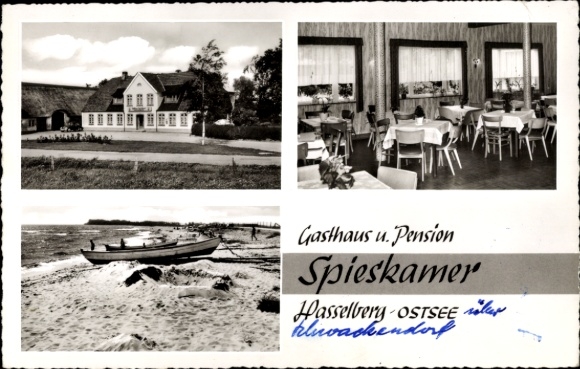 Ak Hasselberg an der Ostsee, Gasthaus Spieskammer, Außenansicht, Gastraum, Strand, Boot