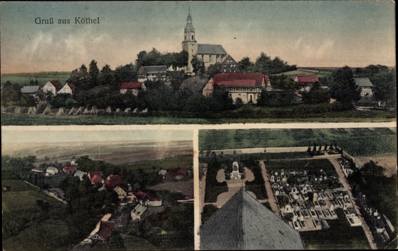 Postcard Köthel Schönberg in Sachsen, view of the town, aerial view, church
