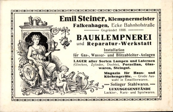 Postcard Falkenhagen in der Mark, Emil Steiner master plumber, construction plumbing, corner of Bahnhofstrasse