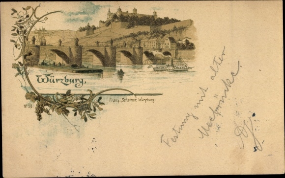 Chromo-Litho Würzburg am Main Lower Franconia, view of the town, bridge