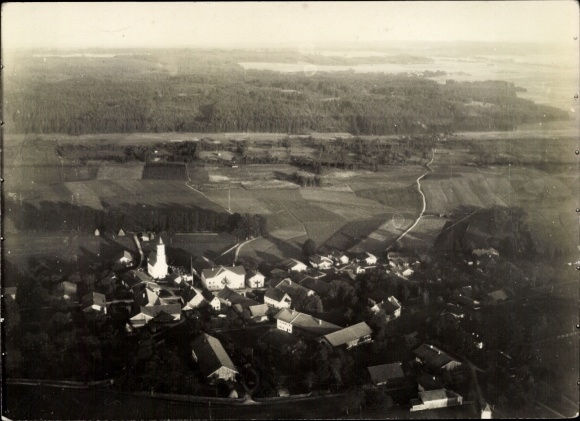 Postcard Deining in the Upper Palatinate, small village with a church, surrounded by fields and forests