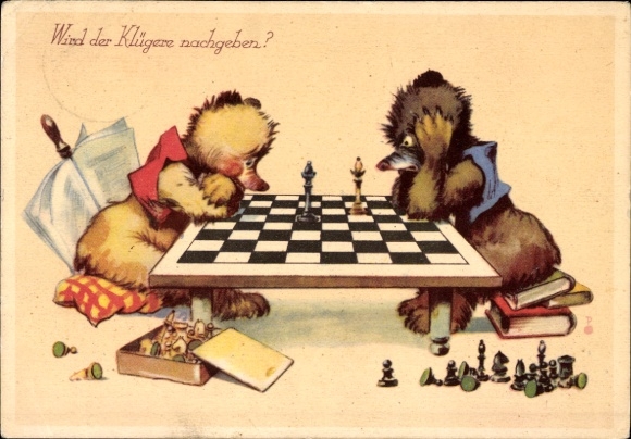 Artist Postcard Humanized teddy bears play chess, We give in to the cleverer one