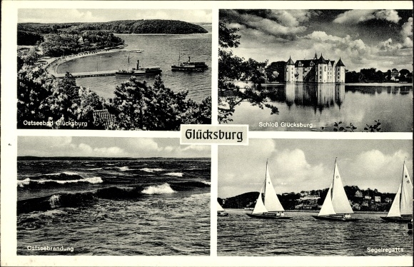 Postcard Glücksburg on the Baltic Sea, castle, sailing regatta, surf