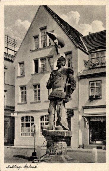 Postcard Perleberg in der Prignitz, Roland Statue, Market, Shop, Restaurant