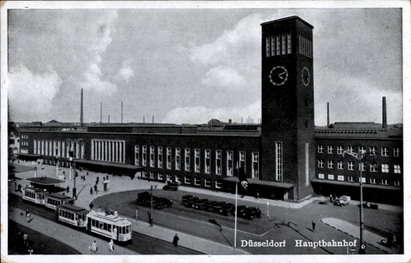 Ak Düsseldorf am Rhein, Hauptbahnhof, Uhr, Straßenbahnen, Autos