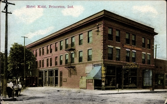 Ak Princeton Indiana USA, Hotel Kidd, Drugstore, Straßenpartie