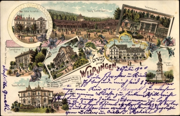 Chromo-Litho Bad Wildungen in northern Hesse, Hotel Kaiserhof, Georg Viktor source, Helenenquelle, Villa Göcke