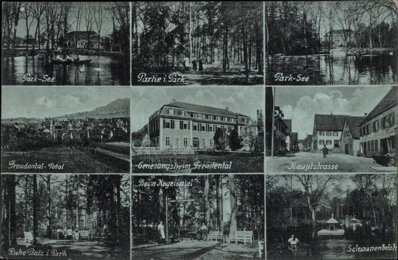 Postcard Freudental in the upper Steinbachtal, swan pond, convalescent home, park, main street