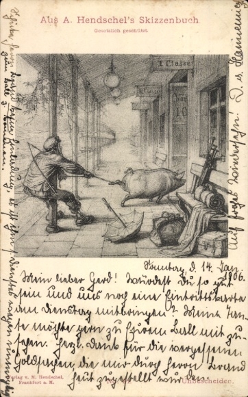 Kunstenaar Ak Uit het schetsboek van A. Hendschel, Treinstation, 1e klas, Varken