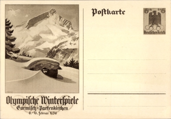 KP artysty zajmującego się papeterią pocztową Garmisch Partenkirchen w Górnej Bawarii, Zimowe Igrzyska Olimpijskie 1936