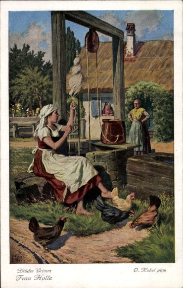 Artist Postcard Kubel, Otto, Frau Holle, fairy tales, Brothers Grimm, Goldmarie at the well