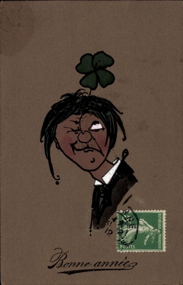 Ansichtkaart in reliëf Gefeliciteerd Nieuwjaar, klaverblad, Bonne année, man, portret