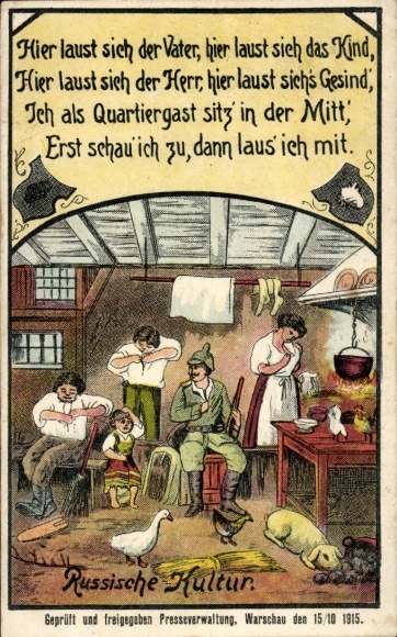 Ak Russische Kultur, Deutscher Soldat in einer russischen Bauernstube, I. WK