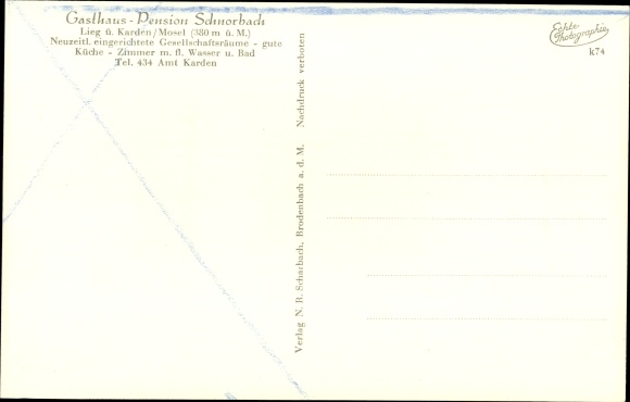 Postcard Lieg ad Mosel, Schnorbach inn, swimming pool, Eltz Castle