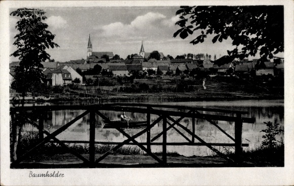 Postcard Baumholder Rhineland Palatinate, bridge, rowing boat