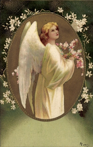 Präge Passepartout Ak Engel, Blumen