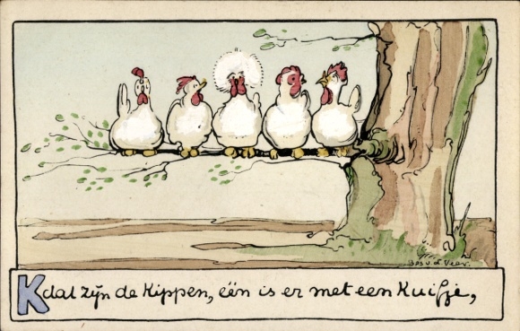 Artist Postcard Chickens sitting on the branch, tree