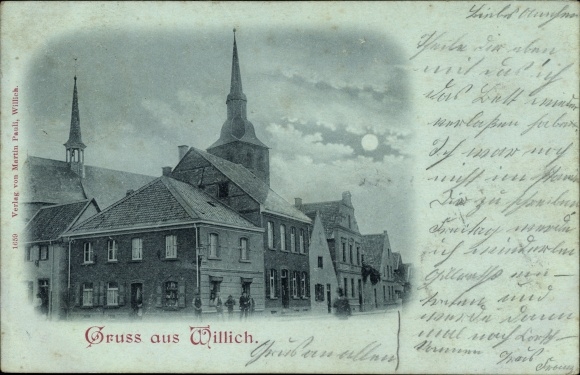 Moonlight PC Willich am Niederrhein, part of the street, church tower