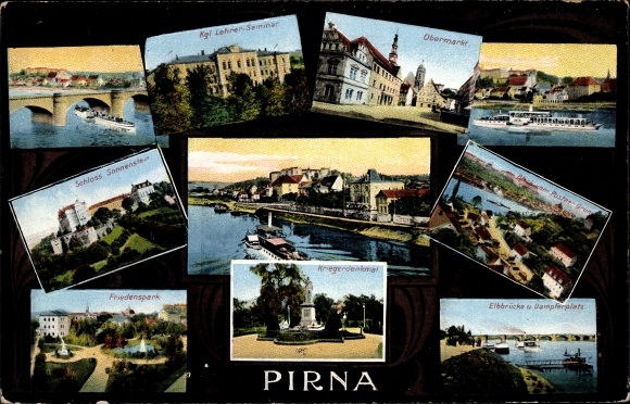 Postcard Pirna in Saxony, saloon steamer, seminar, Peace Park, Sonnenstein Castle, Obermarkt, monument