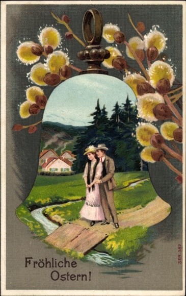 Präge Ak Frohe Ostern, Weidenkätzchen, Glocke, Paar