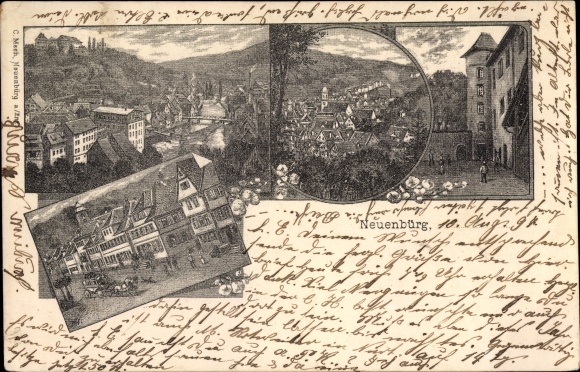 Chromo-Litho Neuenbürg in the Black Forest Württemberg, castle, street section, total view