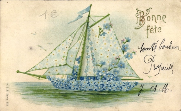 Embossing Chromo-Litho Congratulations Birthday, Sailboat made of Forget-me-nots